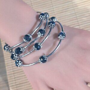 Black Faceted Crystal Rondelle Beads Silver Metal Handcrafted Wrap Bracelet